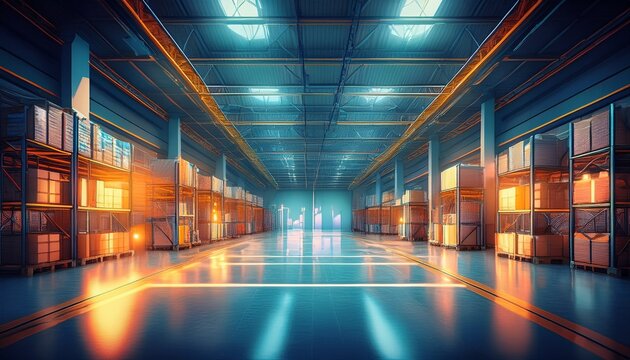 generative ai warehouse interior with led lighting industry building distribution retail center part of storage and shipping system