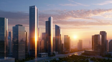 Fototapeta premium City skyline at sunset with tall buildings reflecting orange light and clouds