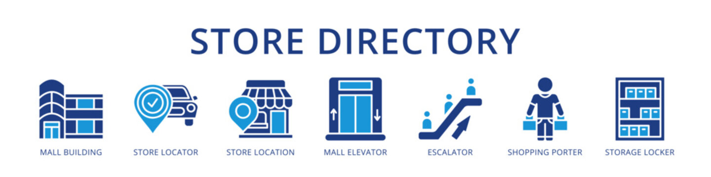 Store directory icons with mall building, store locator, elevator, escalator and storage locker for navigation.