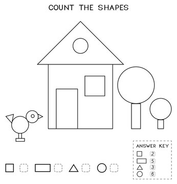 Count the shapes geometric worksheet, educational math game for kids 