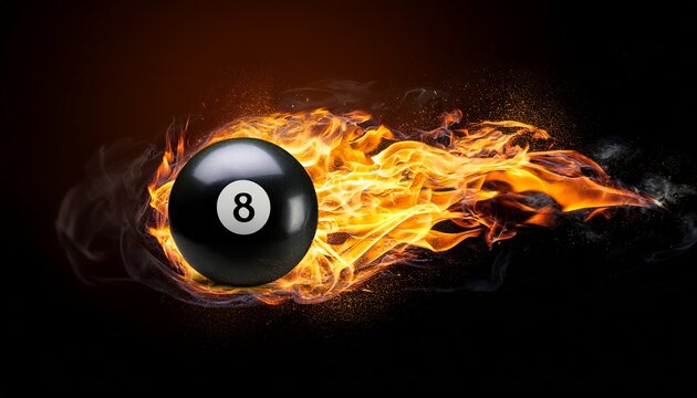 burning black eight billiard ball on fire with flame tail on dark background sport motion and action photography for wallpaper poster or logo