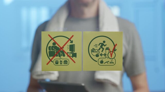 Professional fitness coach holding a tablet explaining the benefits of an active lifestyle with healthy food over a sedentary life with junk food, promoting well being and weight loss