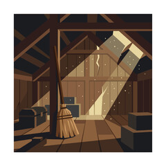 Dusty attic with broom and dramatic sunlight rays. © Umar