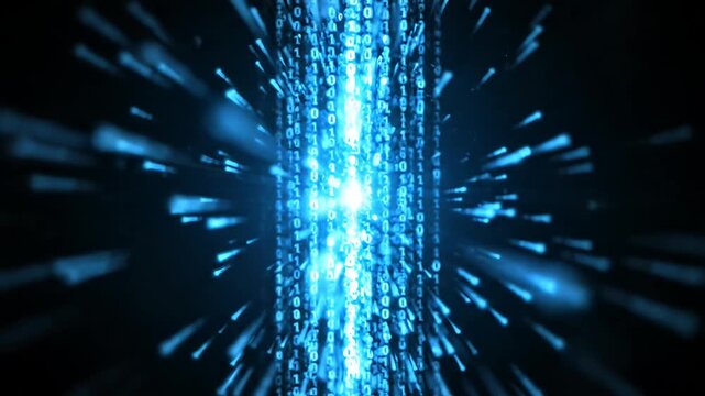 Blue vertical binary code data stream on black background