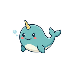 Fototapeta premium Cute Adorable Blue Narwhal Cartoon Character Smiling with A Spiral Tusk Swimming Underwater Illustration