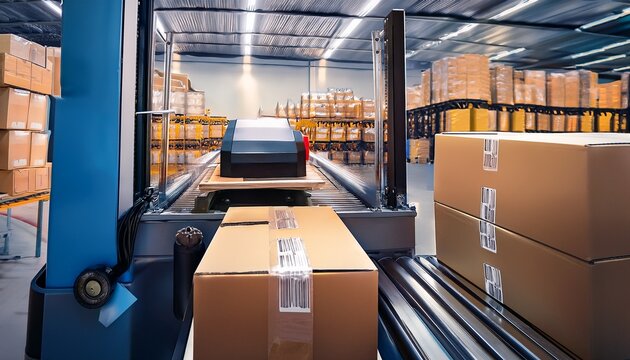 industrial automatic labeling machine applying adhesive sticker to cardboard box in warehouse factory for logistics shipping and product packaging automation process