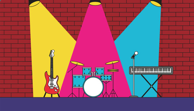 Empty music stage with red electric guitar, blue drum set, keyboard, and microphone under bright colorful spotlights.
