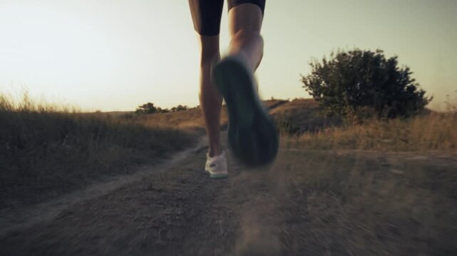 Runner Jogging On Dirt Path. Outdoor Cross. Sunset Cardio Training 