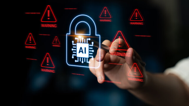 A hand interacts with a digital lock symbol representing the concept of AI protection, surrounded by warning signs. This visual enhances themes of cybersecurity and data safety. Cyphers