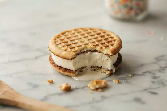 A round waffle ice cream sandwich with a bite taken out, melting on a marble surface with a wooden spoon and a bowl of sprinkles in the background