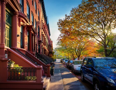colorful brownstone buildings in nyc with cinematic natural lighting