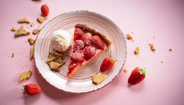 blush toned editorial deconstructed strawberry tart slice with ice cream scoop and cookie crumbs scattered on pink rose background dessert