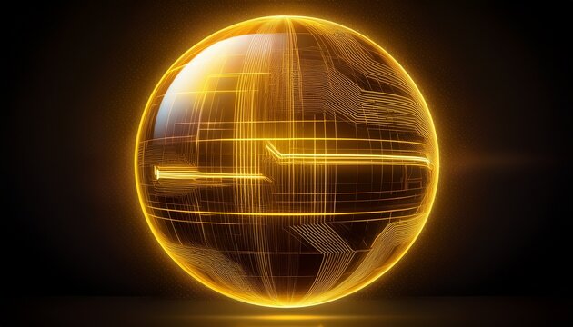 glowing yellow neon orb with reflective surface on dark background for technology concepts