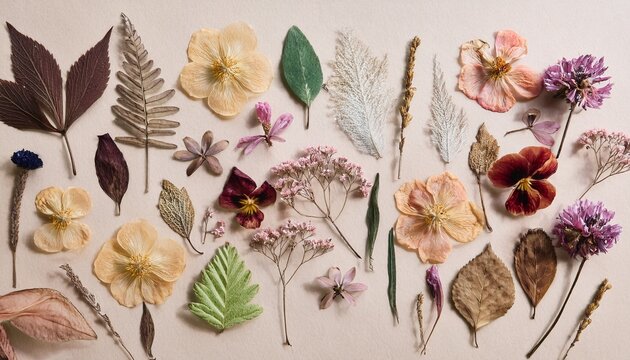 pressed botanical flowers and dried leaves arranged in a delicate flat lay on textured paper nostalgic muted beige palette herbarium and craft concept
