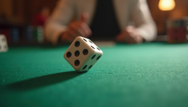 Dice rolling on green table during casino game with blurred background of player and poker chips. Casino game scenario captures dynamic movement of dice rolling.