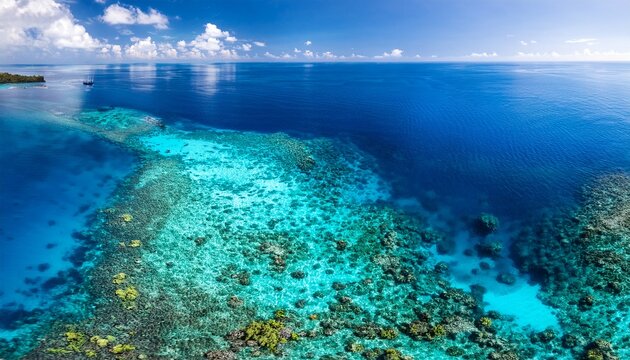 aerial view of vibrant coral reef in turquoise ocean water with diverse marine life