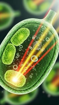 Chloroplast absorbing sunlight energy within a plant cell, producing oxygen molecule bubbles, illustrating vital photosynthesis mechanism, biological life transformation.