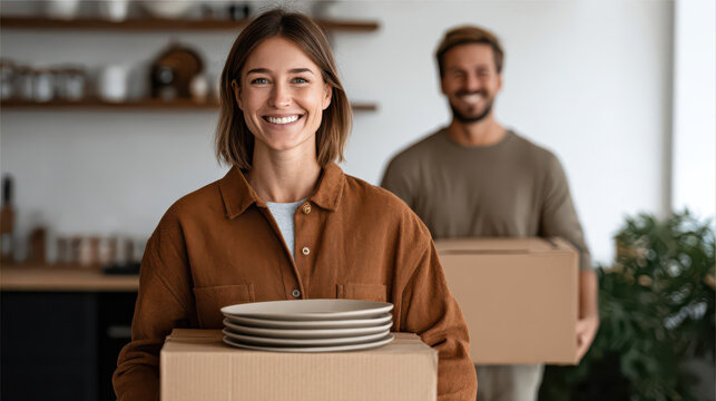 A smiling couple unpacks dishes and boxes in a bright modern kitchen. Moving day brings joyful teamwork as they settle into their new home together.