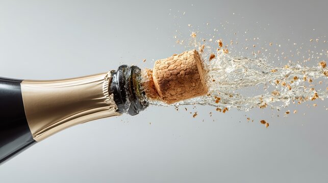 A champagne bottle pops open in a stunning high-speed close-up. Bubbly liquid and cork explode outward, capturing the spirit of celebration and festive excitement.
