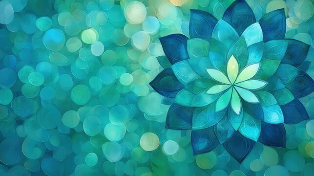 A serene floral design featuring layered teal petals against a soft bokeh background, perfect for wellness, meditation, or beauty themes, Ideal for backgrounds, marketing, or creative projects,