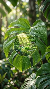 Monstera leaf, illustrating complex biological photosynthesis, converting solar energy, water, carbon dioxide into vital oxygen, glucose sugar, showcasing cellular function, plant metabolism.