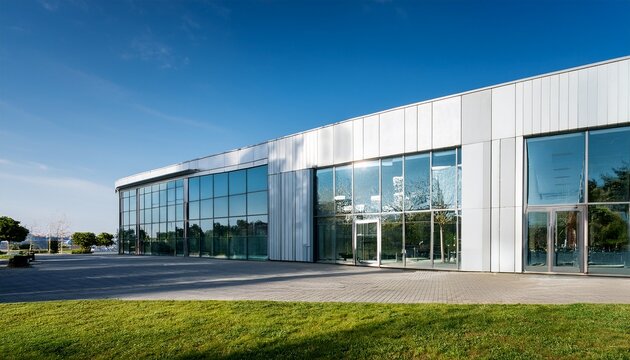 modern office building exterior with white metal cladding and glass windows