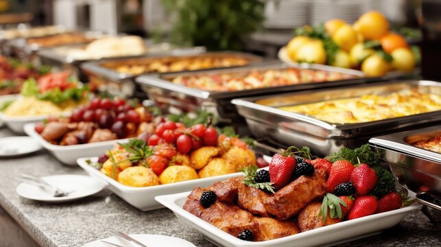 A luxurious hotel buffet table displays a wide array of gourmet dishes, fruits, and pastries. Elegant chafing dishes and marble counters exude premium hospitality.