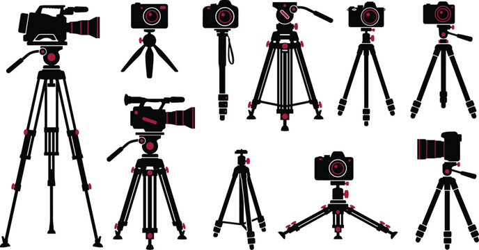 Collection of black and dark red camera and tripod silhouettes for production and equipment on white background