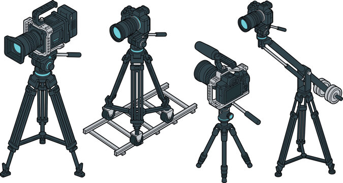Isometric set of cameras on tripods, sliders, and a crane for production and cinematography equipment setup