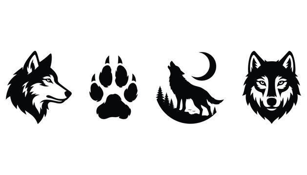 Set of black and white wolf icons featuring a profile head paw print howling silhouette and frontal portrait