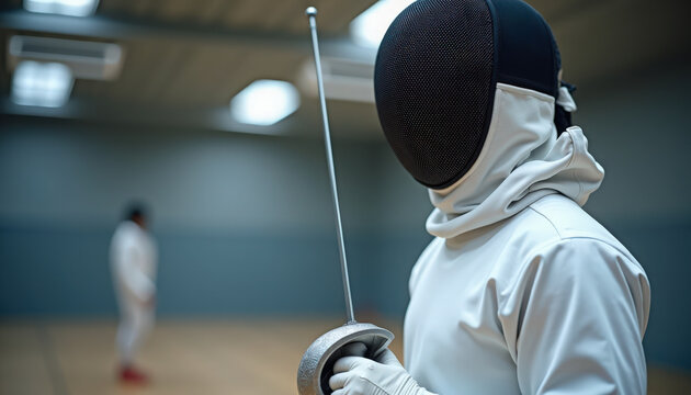 Fencing athlete in protective gear holding sword on training ground, preparing for duel with fellow fencer during practice session. Fencing activity highlights skill, discipline,