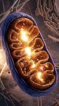 Mitochondrion, microscopic cellular organelle, actively producing biological energy within its folded inner membrane, powering life function, cellular respiration process, molecular detail.
