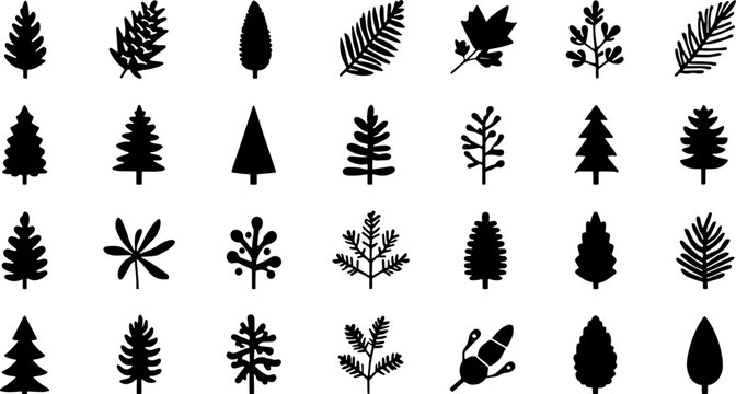 Trees and Leaves Black Silhouette Vector Icon Set