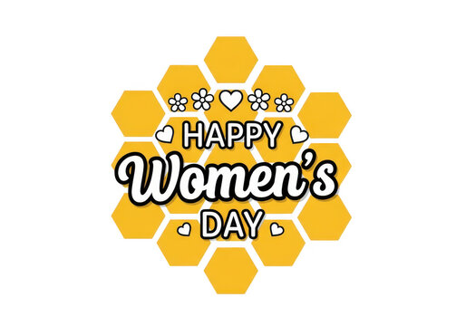 A nice and cute happy womens day greeting card design with mustered yellow honeycomb pattern and white floral elements isolated on transparent background