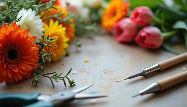 Floral arrangement tools with vibrant flowers including tulips and daisies on tabletop. Floral design tools are essential for creating beautiful flower arrangements.