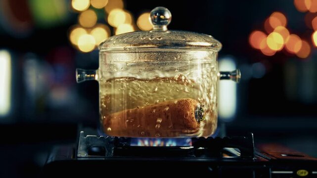 Carrot Boiling In Transparent Glass Pot With Bubbling Water  On Gas Stove. Healthy Food Recipe Soup