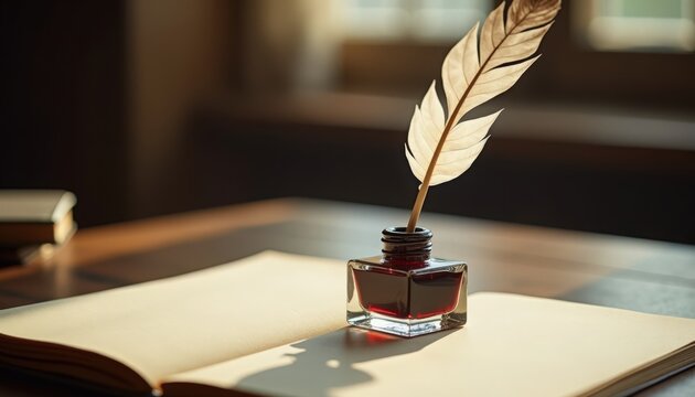 Classic ink bottle with feather quill and open book on wooden table. Vintage writing tools include glass ink bottle filled with red ink and elegant feather quill for traditional writing.