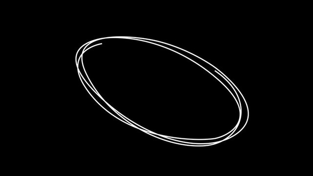 Hand-drawn scribble circle animation loop, minimalist white overlay on black background, 4k motion video animated.