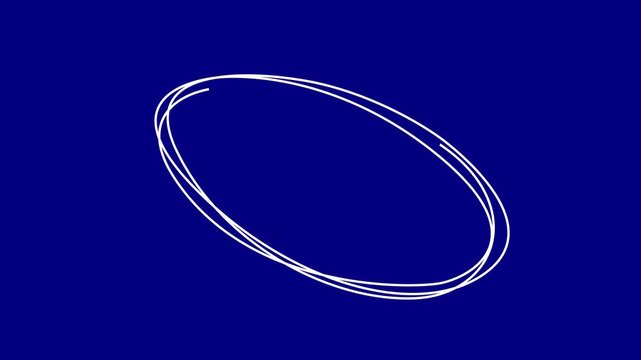 Hand-drawn scribble circle animation on blue background, minimalist white loop, 4k motion video animated.