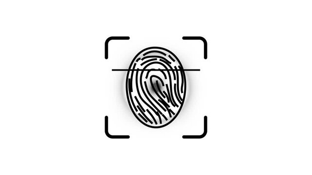 Minimal black fingerprint icon inside a scan frame on a white background, showing biometric security, identity check, mobile login and digital privacy.