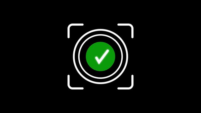 Simple biometric scan icon with a green check mark inside a target frame on a black background, showing identity verification, approval, secure login, and successful access.