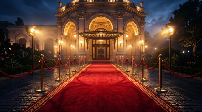 Grand entrance to a luxurious building with a red carpet and golden stanchions at night.