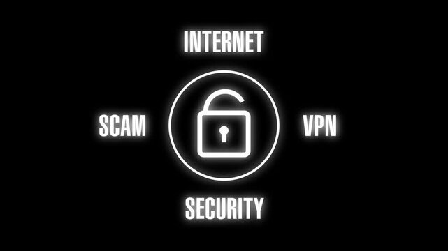 Glowing white padlock icon with internet, scam, vpn and security text on a black background, showing online safety, privacy and cyber threat protection.