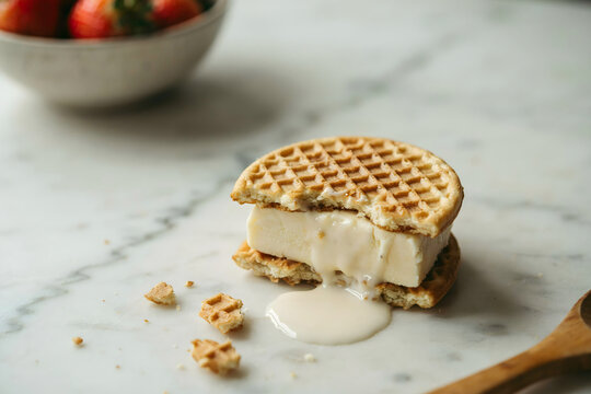 A waffle ice cream sandwich with a bite taken out, melting on a marble surface with a wooden spoon and a bowl of fresh strawberries in the back