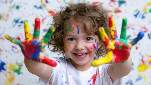 Child plays with colorful paint at home and shows hands covered in colors