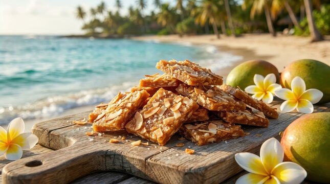 Tropical Coconut Macaroons on Wooden Board with Fresh Fruit and Flowers Beach Snack Set