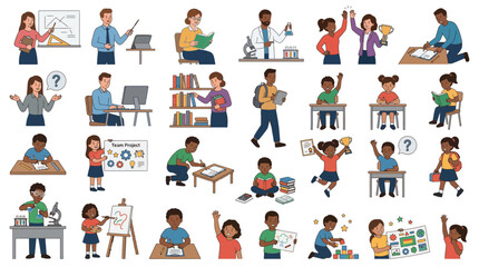 Fototapeta premium Students and teachers engage in various academic activities including classroom study, scientific research, and collaborative project planning in this collection of illustrated learning scenes.