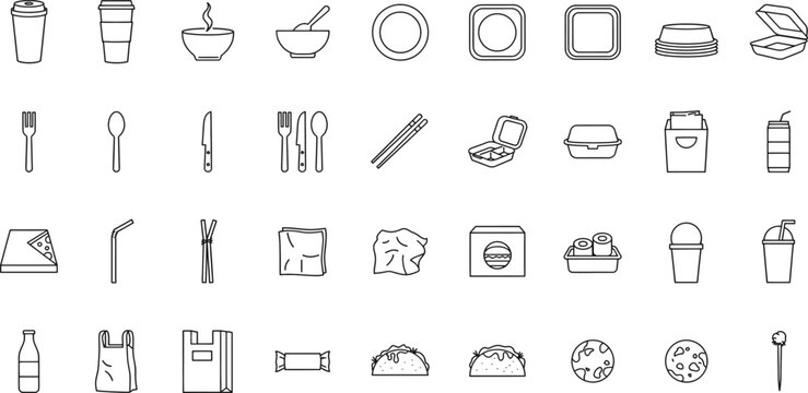 Linear food and drink delivery icons for restaurant takeout and mobile ordering