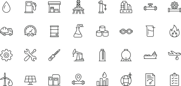 Linear oil and gas industry icons for energy extraction and refinery processes