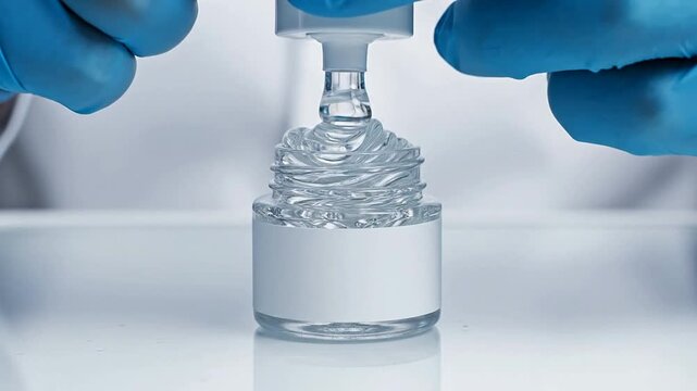 Close-Up of Scientist Dispensing Clear Liquid Moisturizer from White Jar in Laboratory Setting, Perfect for Skincare and Health-Related Content